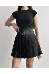 Cool & Sexy Women Double Arched Pleated Skirt with Shorts Black - Image 4