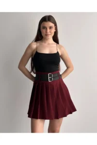 Cool & Sexy Women Double Arched Pleated Skirt Burgundy with Shorts