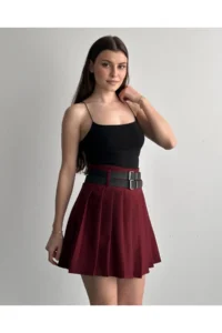 Cool & Sexy Women Double Arched Pleated Skirt Burgundy with Shorts - Image 2
