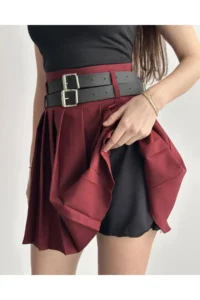 Cool & Sexy Women Double Arched Pleated Skirt Burgundy with Shorts - Image 3