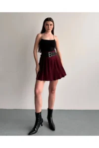 Cool & Sexy Women Double Arched Pleated Skirt Burgundy with Shorts - Image 4