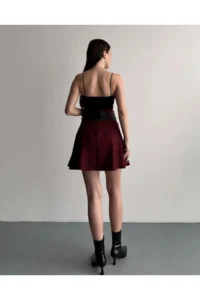 Cool & Sexy Women Double Arched Pleated Skirt Burgundy with Shorts - Image 6