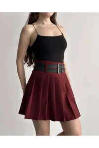 Cool & Sexy Women Double Arched Pleated Skirt Burgundy with Shorts - Image 7