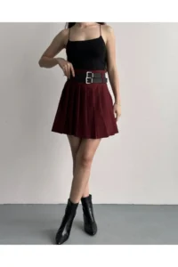 Cool & Sexy Women Double Arched Pleated Skirt Burgundy with Shorts - Image 8