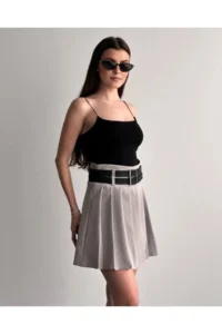 Cool & Sexy Women Double Arched Shorts Pleated Skirt Cream - Image 2
