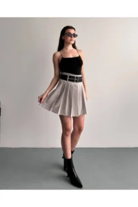 Cool & Sexy Women Double Arched Shorts Pleated Skirt Cream - Image 7