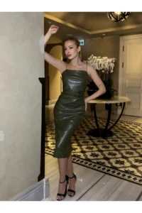 Cool & Sexy Women Leather Sleeveless Maxi Size Khaki Dress - Image 2