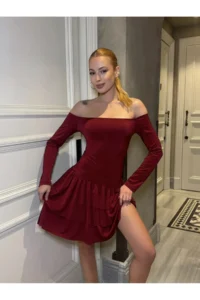 Cool & Sexy Women Omuz Detay Mini Dress Burgundy