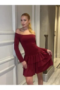 Cool & Sexy Women Omuz Detay Mini Dress Burgundy - Image 2