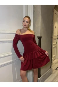 Cool & Sexy Women Omuz Detay Mini Dress Burgundy - Image 3