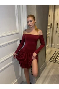 Cool & Sexy Women Omuz Detay Mini Dress Burgundy - Image 4