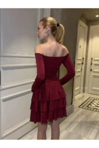 Cool & Sexy Women Omuz Detay Mini Dress Burgundy - Image 5