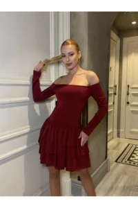 Cool & Sexy Women Omuz Detay Mini Dress Burgundy - Image 6