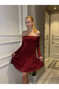 Cool & Sexy Women Omuz Detay Mini Dress Burgundy - Image 7