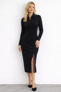 Cool & Sexy Zipper Collar Long Sleeve Slit Detailed Black Midi Dress