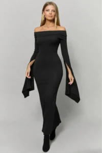 Cool & Sexy Madonna Collar Slit Sleeve LONG Black Dress