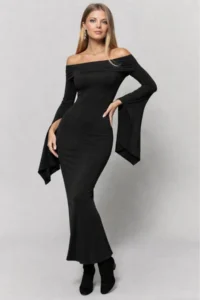 Cool & Sexy Madonna Collar Slit Sleeve LONG Black Dress - Image 2