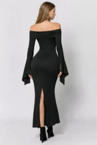 Cool & Sexy Madonna Collar Slit Sleeve LONG Black Dress - Image 3