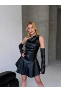Cool & Sexy Leather Buckle Hidden Zipper Sleeve Detail Mini Dress with Shorts - Image 2