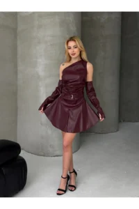 Cool & Sexy Leather Buckle Hidden Zipper Sleeve Detail Mini Dress with Shorts - Image 4