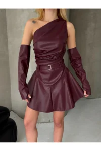 Cool & Sexy Leather Buckle Hidden Zipper Sleeve Detail Mini Dress with Shorts - Image 5