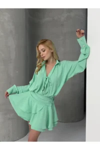 Cool & Sexy Women Tensel Material with flywheel Mini Dress Green - Image 3