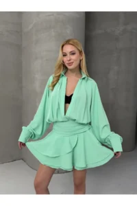 Cool & Sexy Women Tensel Material with flywheel Mini Dress Green - Image 4