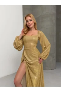 Cool & Sexy Glitter Fabric Back Detail Slit Maxi Dress Yellow - Image 4
