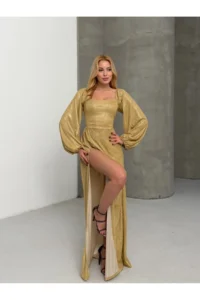 Cool & Sexy Glitter Fabric Back Detail Slit Maxi Dress Yellow - Image 6