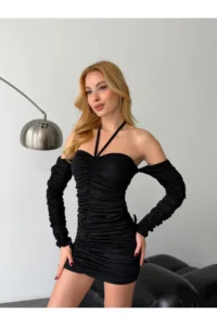 Cool & Sexy Modal Fabric Drape Detailed Mini Dress Black