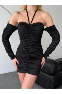 Cool & Sexy Modal Fabric Drape Detailed Mini Dress Black - Image 8