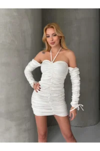 Cool & Sexy Modal Fabric Drape Detailed Mini Dress White