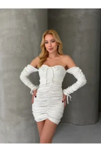 Cool & Sexy Modal Fabric Drape Detailed Mini Dress White - Image 3