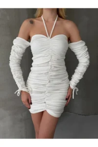Cool & Sexy Modal Fabric Drape Detailed Mini Dress White - Image 4