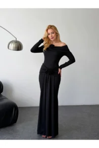 Cool & Sexy Lycra Modal Fabric Maxi Dress with Floral Accessories - Image 2