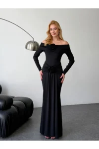 Cool & Sexy Lycra Modal Fabric Maxi Dress with Floral Accessories - Image 3