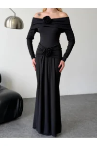 Cool & Sexy Lycra Modal Fabric Maxi Dress with Floral Accessories - Image 5