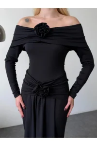 Cool & Sexy Lycra Modal Fabric Maxi Dress with Floral Accessories - Image 7
