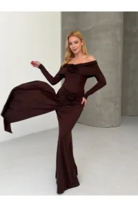 Cool & Sexy Modal Fabric Lycra Maxi Dress with Flower Accessories Brown