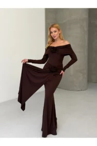 Cool & Sexy Modal Fabric Lycra Maxi Dress with Flower Accessories Brown - Image 3