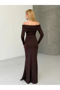 Cool & Sexy Modal Fabric Lycra Maxi Dress with Flower Accessories Brown - Image 4