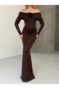 Cool & Sexy Modal Fabric Lycra Maxi Dress with Flower Accessories Brown - Image 6
