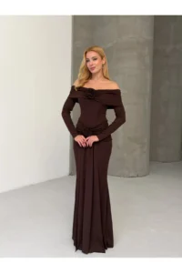 Cool & Sexy Modal Fabric Lycra Maxi Dress with Flower Accessories Brown - Image 7