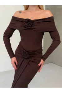 Cool & Sexy Modal Fabric Lycra Maxi Dress with Flower Accessories Brown - Image 8