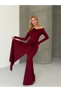 Cool & Sexy Modal Fabric Lycra Maxi Dress with Floral Accessories Burgundy - Image 2