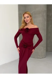 Cool & Sexy Modal Fabric Lycra Maxi Dress with Floral Accessories Burgundy - Image 3