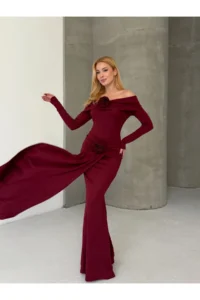 Cool & Sexy Modal Fabric Lycra Maxi Dress with Floral Accessories Burgundy - Image 4