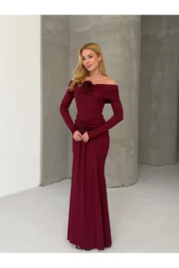 Cool & Sexy Modal Fabric Lycra Maxi Dress with Floral Accessories Burgundy - Image 5