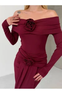 Cool & Sexy Modal Fabric Lycra Maxi Dress with Floral Accessories Burgundy - Image 6