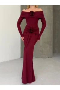 Cool & Sexy Modal Fabric Lycra Maxi Dress with Floral Accessories Burgundy - Image 8